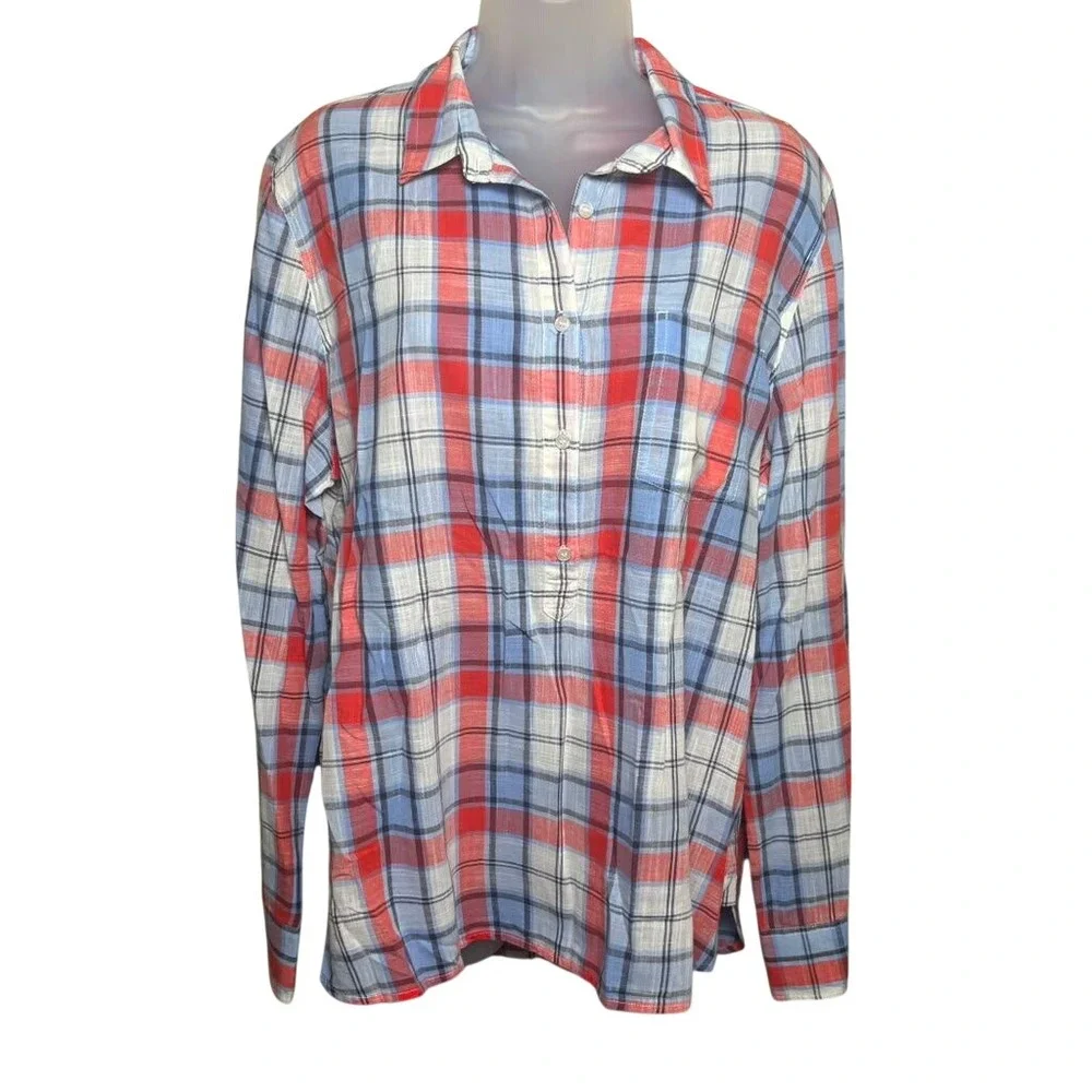 JCrew Blue Red Plaid Gauze Popover Long Sleeve Half Button Shirt Blouse Women XL